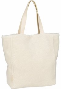 Biała torba tote z sztucznego owczewełny z beżowymi sztucznymi skórzanymi uchwytami. Kwadratowy kształt, miękka tekstura, bez widocznych elementów metalowych ani wzorów.