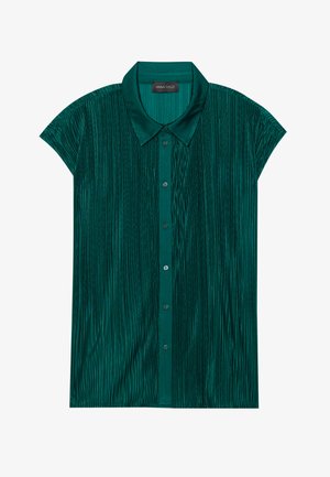 Žalia plisuota bluzelė su apykakle, trumpomis rankovėmis, priekiniais mygtukais ir sklandžia, blizgia tekstūra. Etiketė rodo „ANNA FIELD.“