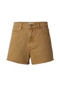 Khaki denim shorts met een hoge taille, rafelige randen, voorzakken en een zilveren knoopsluiting. De stof heeft een gladde textuur.