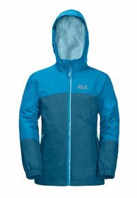 Blå vattentät jacka med huva, med en tvåfärgad design i ljusare och mörkare nyanser, elastiska ärmslut och dragkedja fram.