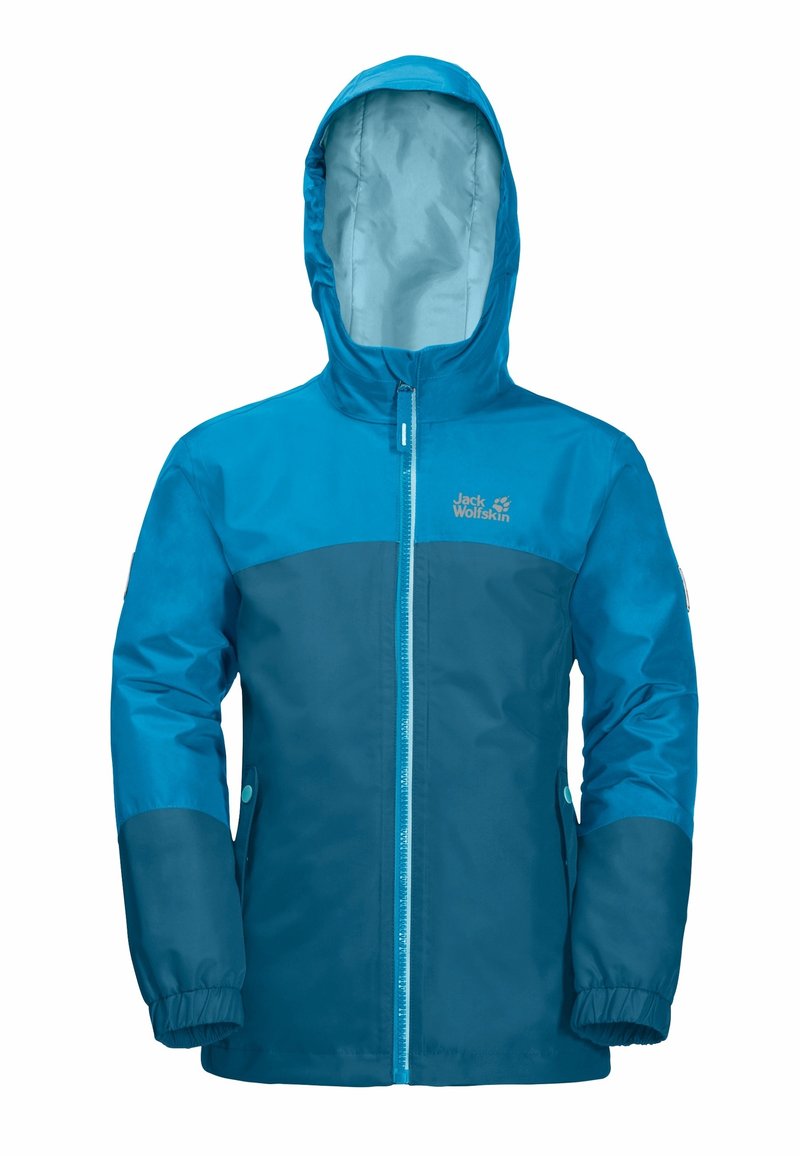 Blå vattentät jacka med huva, med en tvåfärgad design i ljusare och mörkare nyanser, elastiska ärmslut och dragkedja fram.