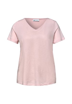 T-shirt femme rose clair à manches courtes, col en V, coupe décontractée avec texture visible du tissu.