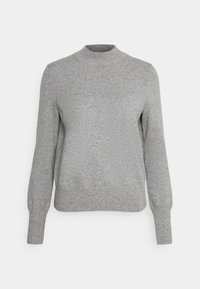Pull en maille gris avec un col montant côtelé et des manches longues, doté d'un tissu texturé et d'une taille ajustée. Pas de motifs ni d'accents.