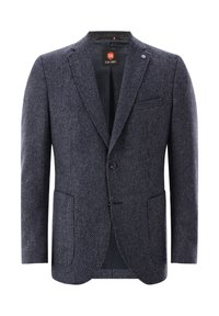 Men's blazer in dark blue textured fabric. Features a notched lapel, two front pockets, and a single button closure. Subtle pattern detail.