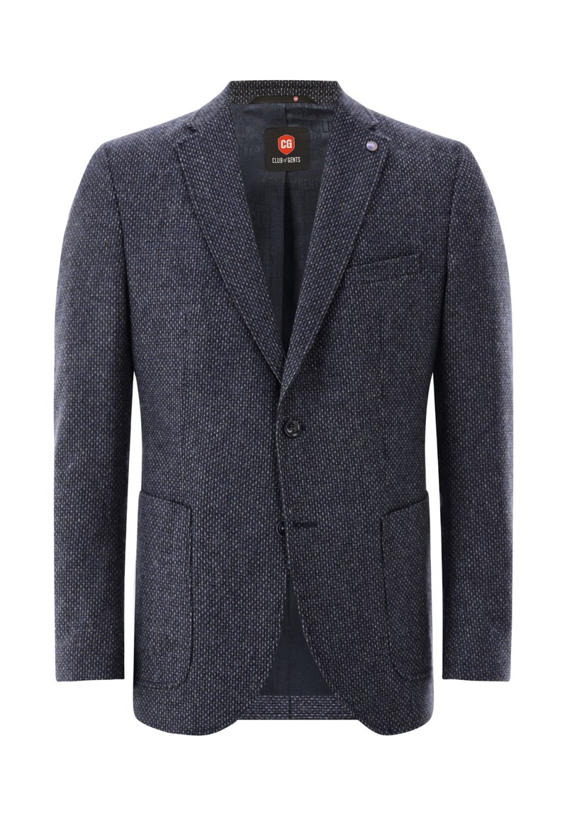 Men's blazer in dark blue textured fabric. Features a notched lapel, two front pockets, and a single button closure. Subtle pattern detail.