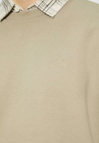 Maglione lavorato a maglia beige con colletto rotondo, indossato sopra una camicia a quadretti. Presenta un logo "QS" impresso sul petto.
