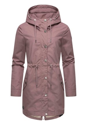 Pink waterproof jacket with a hood, adjustable drawstring waist, snap buttons, and side pockets. Smooth texture and casual design.