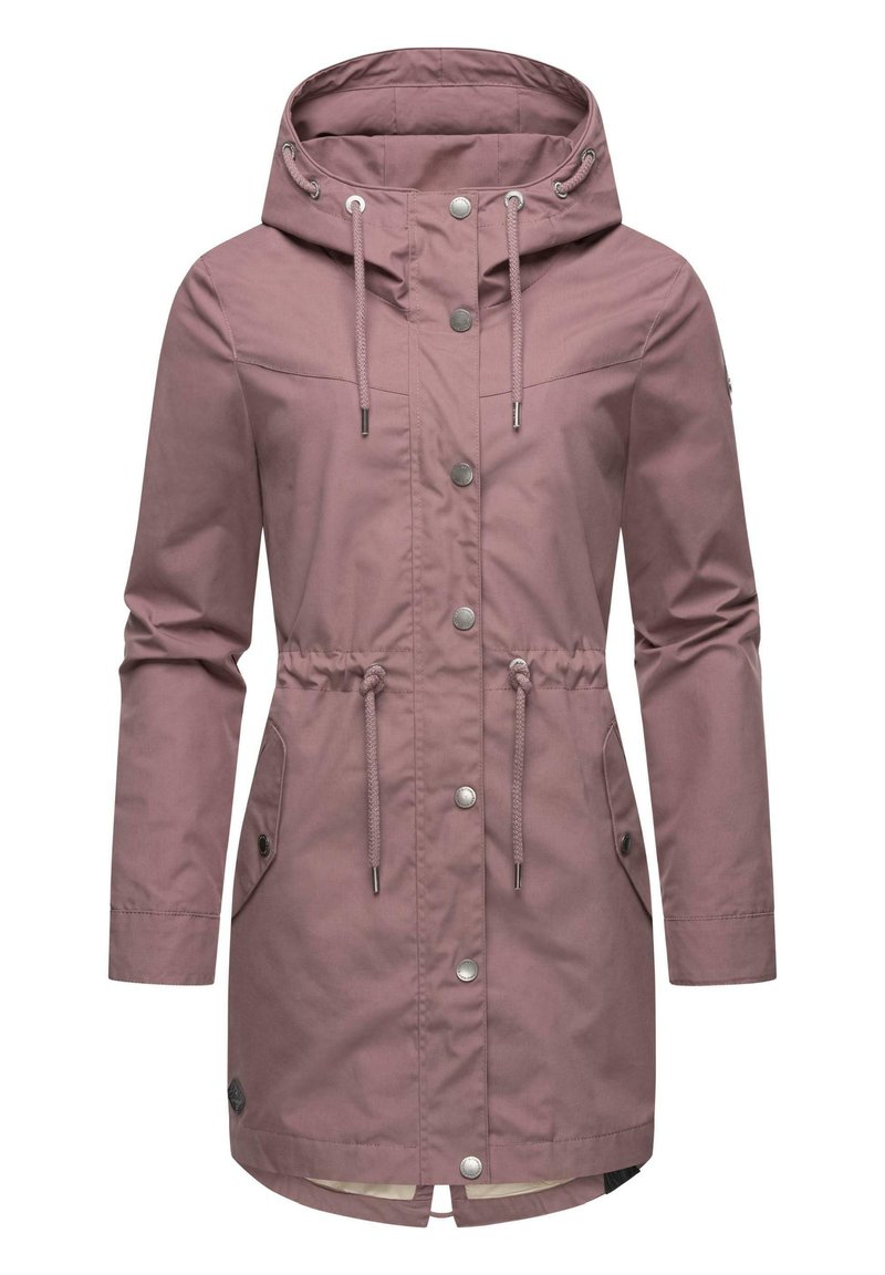 Veste imperméable rose avec capuche, taille ajustable à cordon, boutons pression et poches latérales. Texture lisse et design décontracté.