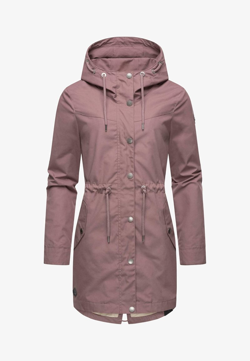 Pink waterproof jacket with a hood, adjustable drawstring waist, snap buttons, and side pockets. Smooth texture and casual design.