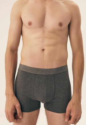Gray cotton boxer briefs with a soft texture, elastic waistband featuring embossed lettering, and a fitted design.