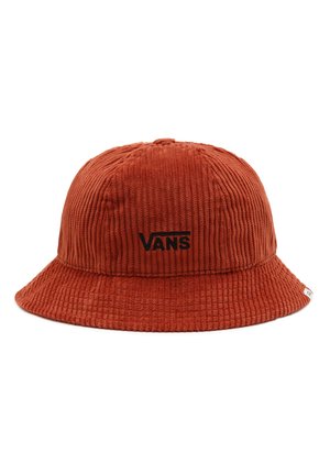 Corduroy bucket hat in roestkleur met een klein zwart Vans-logo geborduurd aan de voorkant en een zachte, gestructureerde stof.