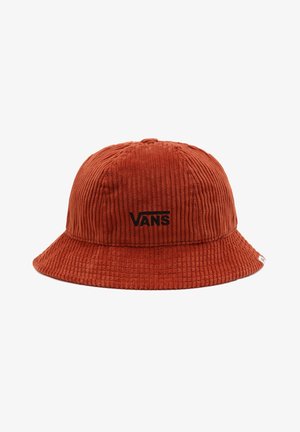 Kapelusz bucket z sztruksu w kolorze rdzy z małym czarnym logo Vans wyszywanym z przodu oraz miękką, teksturowaną tkaniną.