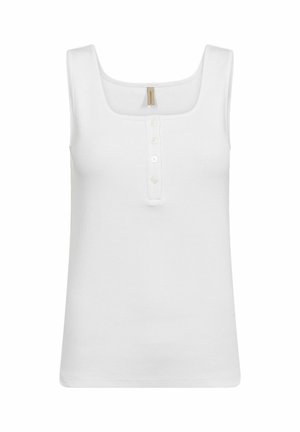 White ribbed tank top with a square neckline, five-button placket, and no sleeves. Smooth texture and fitted design for comfort.