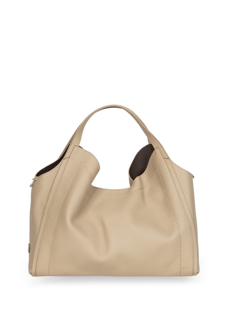 Beżowa skórzana torebka o gładkiej fakturze, otwarta na górze, z zaokrąglonymi uchwytami. Subtelne detale szwów podkreślają projekt.