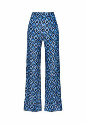 Pantalon large à motif bleu, présentant un design géométrique en forme de losanges dans des tons de bleu, vert et noir, avec une finition lisse.