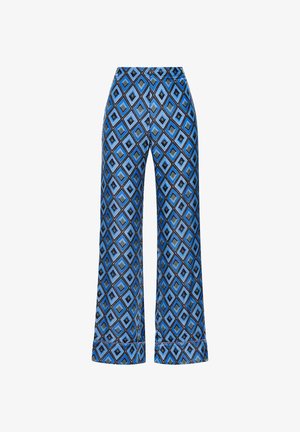 Pantalon large à motif bleu, présentant un design géométrique en forme de losanges dans des tons de bleu, vert et noir, avec une finition lisse.
