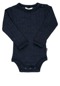 Mörkblå långärmad bodysuit i texturerat tyg, med tryckknappar vid axeln och botten samt en flerfärgad etikett på sidan.