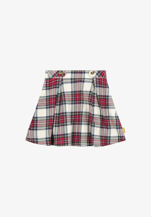 Jupe plissée à motif tartan avec du rouge, du vert et du bleu sur fond blanc. Conçue avec deux boutons dorés à la taille.