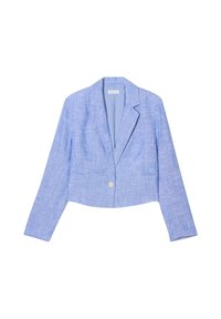 Blazer court bleu clair en tissu texturé, avec une fermeture à bouton unique, des revers crantés et deux poches avant.