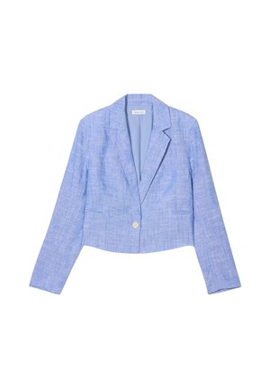 Geknipte lichtblauwe blazer van een gestructureerde stof, met een enkele knoopsluiting, ingezette revers en twee vo pockets.