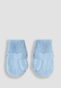 Niebieskie, dzianinowe rękawiczki z ściągaczami i zaokrąglonymi końcówkami. Posiadają subtelne elementy wzornicze w kontrastowych kolorach na mankietach. Miękka faktura.