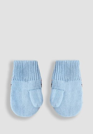 Blue knitted mittens with ribbed cuffs and rounded tips. Features subtle design elements in contrasting colors on the cuffs. Soft texture.