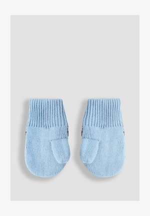 Mânuși tricotate albastre cu mansete cu nervuri și vârfuri rotunjite. Prezintă elemente de design subtile în culori contraste pe mansete. Textură moale.