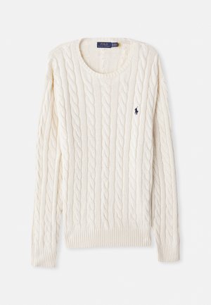 Pull en tricot torsadé crème à manches longues avec col rond et petit logo navy Polo Ralph Lauren sur la poitrine gauche.