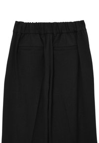 Pantaloni neri con vita elasticizzata arricciata, due tasche posteriori e una finitura in tessuto liscia e testurizzata.