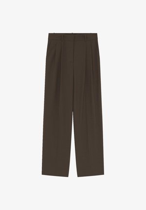 Bruine wijd-uitlopende broeken met een getailleerde pasvorm, voorzien van frontplooien, een gladde textuur en riemlussen voor aanpasbare styling.