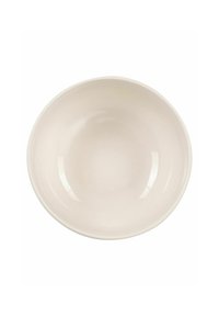 Ciotola rotonda in ceramica di un morbido colore beige, caratterizzata da una superficie smaltata liscia, un bordo ampio e una profondità contenuta con sottili linee di pattern all'interno.