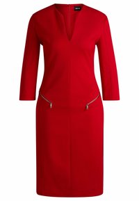 Rotes Kleid mit V-Ausschnitt und Dreiviertelärmeln, ausgestattet mit zwei seitlichen Reißverschlusstaschen und einer glatten, figurschmeichelnden Silhouette.