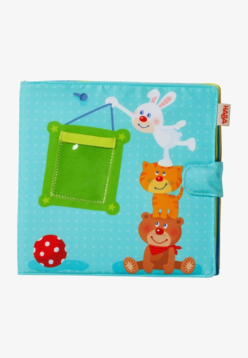Stacked cartoon bear, cat, and rabbit on blue background with polka dots, red polka dot ball, and green fabric square pocket.