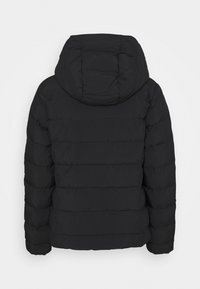 Schwarze gepolsterte Winterjacke mit Kapuze, horizontalen Steppnähten und langen Ärmeln, von hinten gezeigt.