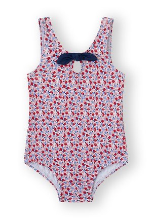 Maillot de baño floral de una pieza en rosa, rojo y azul, con un corte en forma de llave en la espalda, un lazo ajustable en navy y diseño sin mangas.