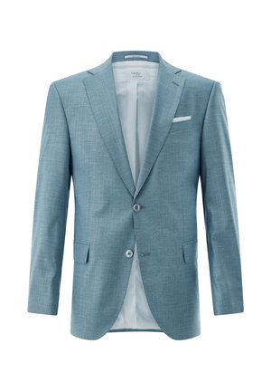 Hellblauer Herrenblazer mit Kerbklappen, zwei Knöpfen, Pattentaschen und einem weißen Einstecktuch in der Brusttasche.
