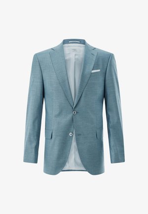 Hellblauer Herrenblazer mit Kerbklappen, zwei Knöpfen, Pattentaschen und einem weißen Einstecktuch in der Brusttasche.
