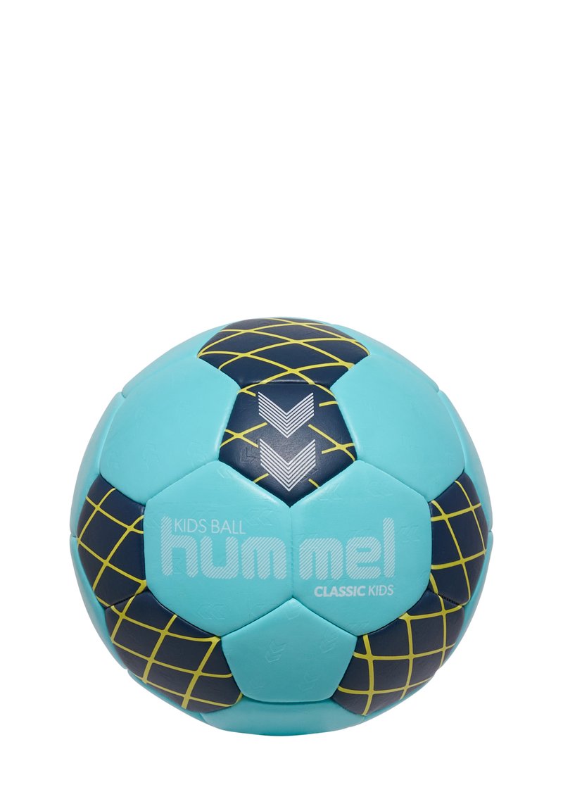 Turkosblå fotboll med hexagonmönster, gula rutnätaccentuer och texten "Hummel Classic Kids". Strukturerad yta.