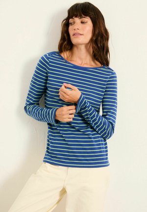 Long-sleeve shirt in blue with green horizontal stripes, featuring a round neckline and soft fabric. Simple, casual design.
