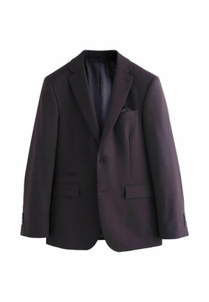 Dark purple blazer made from textured fabric, featuring a single button closure, two front pockets, and a breast pocket with a handkerchief.