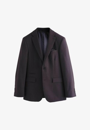 Dunkellila Blazer aus strukturiertem Stoff, mit einem Knopfverschluss, zwei Fronttaschen und einer Brusttasche mit einem Taschentuch.