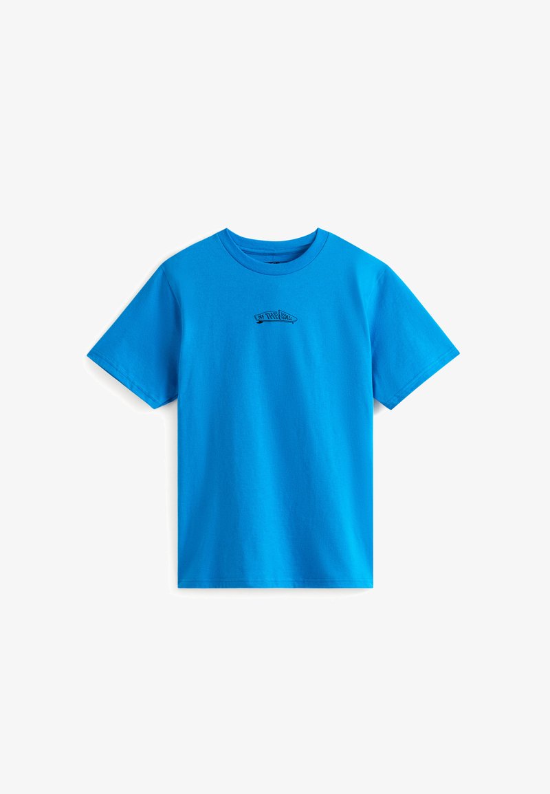 T-shirt en coton bleu vif avec des manches courtes et un col rond, arborant un logo noir imprimé sur la poitrine.