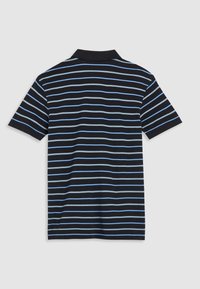 Black and blue striped polo shirt with short sleeves and a solid black collar. Textured fabric with evenly spaced horizontal stripes.
