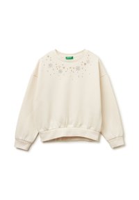 Felpa beige chiaro con scollatura rotonda, orlo arricciato e maniche lunghe decorate con stelle e puntini in oro e nero.