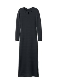 Langärmliges, dunkelgraues Kleid mit gerippter Textur, rundem Ausschnitt mit drei kleinen Aussparungen und seitlichem Schlitz für mehr Bewegungsfreiheit.