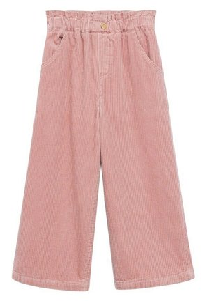 Lyserøde vidde-bukser i fløjl med elastikant waistband, forlommer og en enkelt træknap som lukning.