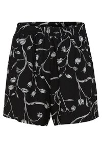 Svarta shorts med ett blommönster i vitt. Elastisk midja, lös passform och mjuk textur. Designen inkluderar svajande stjälkar och knopp.