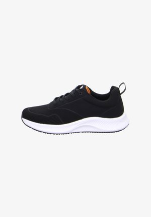 Black athletic shoe with a textured mesh upper, rounded white midsole, and rubber outsole. Features orange accent on the tongue and a pull tab.