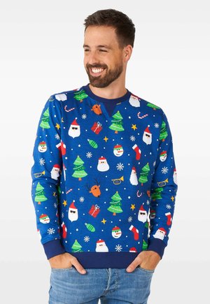Blaues Sweatshirt mit festlichen Motiven von Weihnachtsmann, Weihnachtsbäumen, Rentieren und Schneeflocken. Rippbündchen an den Ärmeln und am Kragen.