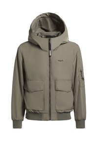 Veste à capuche vert olive avec fermeture éclair sur le devant, grandes poches sur la poitrine et poche sur la manche ; tissu lisse et léger ; poignets et ourlet élastiques.